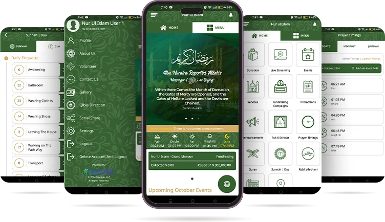 Screens from the Nur Ul Islam mobile app