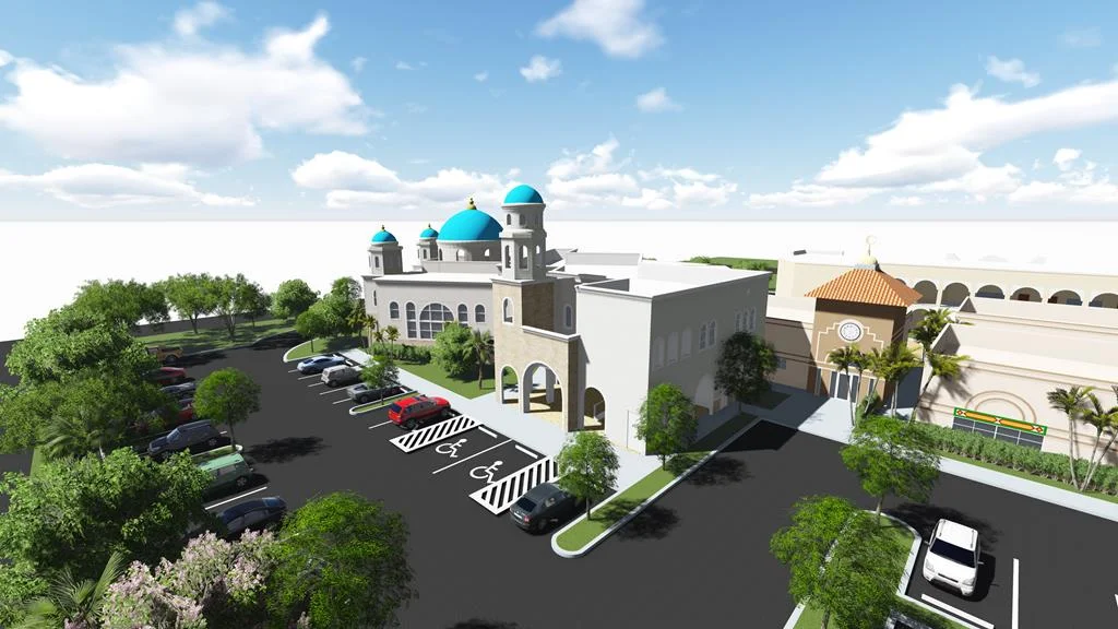 Rendering of the planned Nur Ul Islam Grand Mosque and parking area